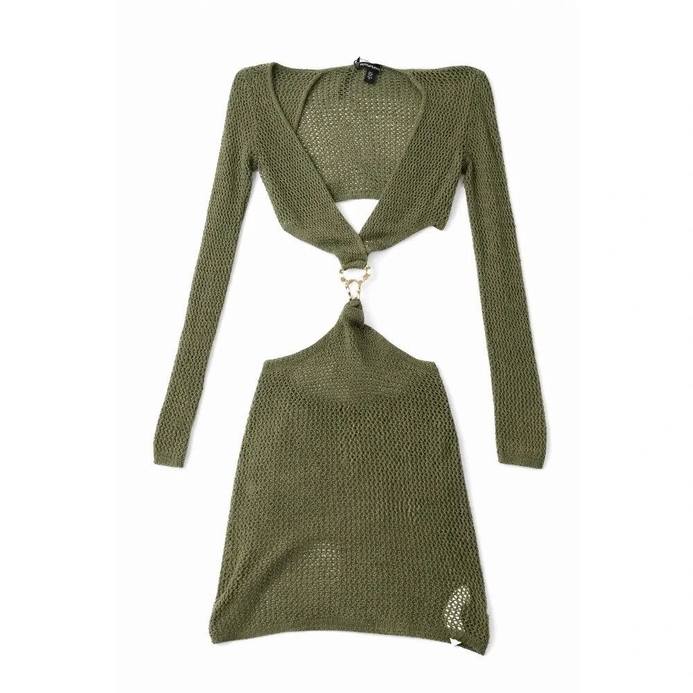 PrettyLittleThing Olive Green Mesh Cutout Mini Dress - Picture 2 of 4
